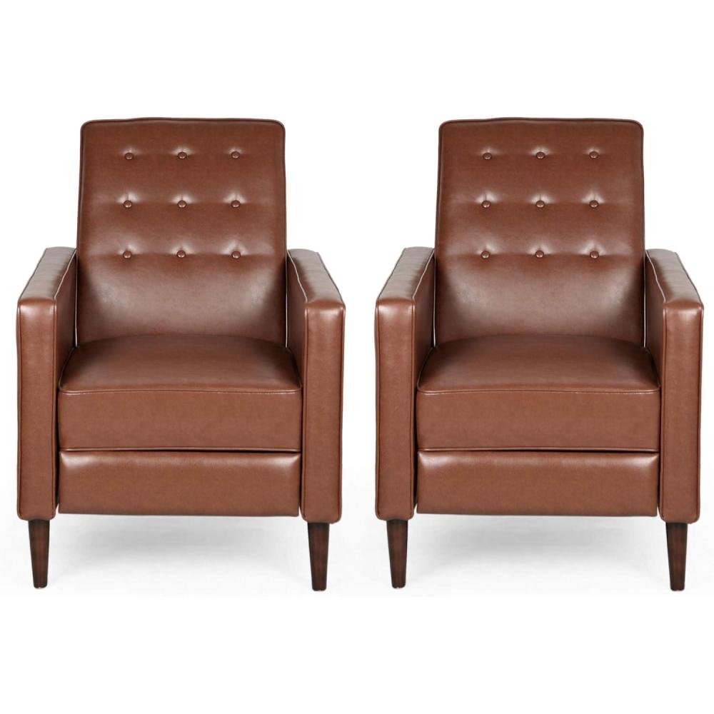 image:imageDeborah MidCentury Modern Button Tufted Recliners Set of 2 Cognac Brown and Dark Espresso