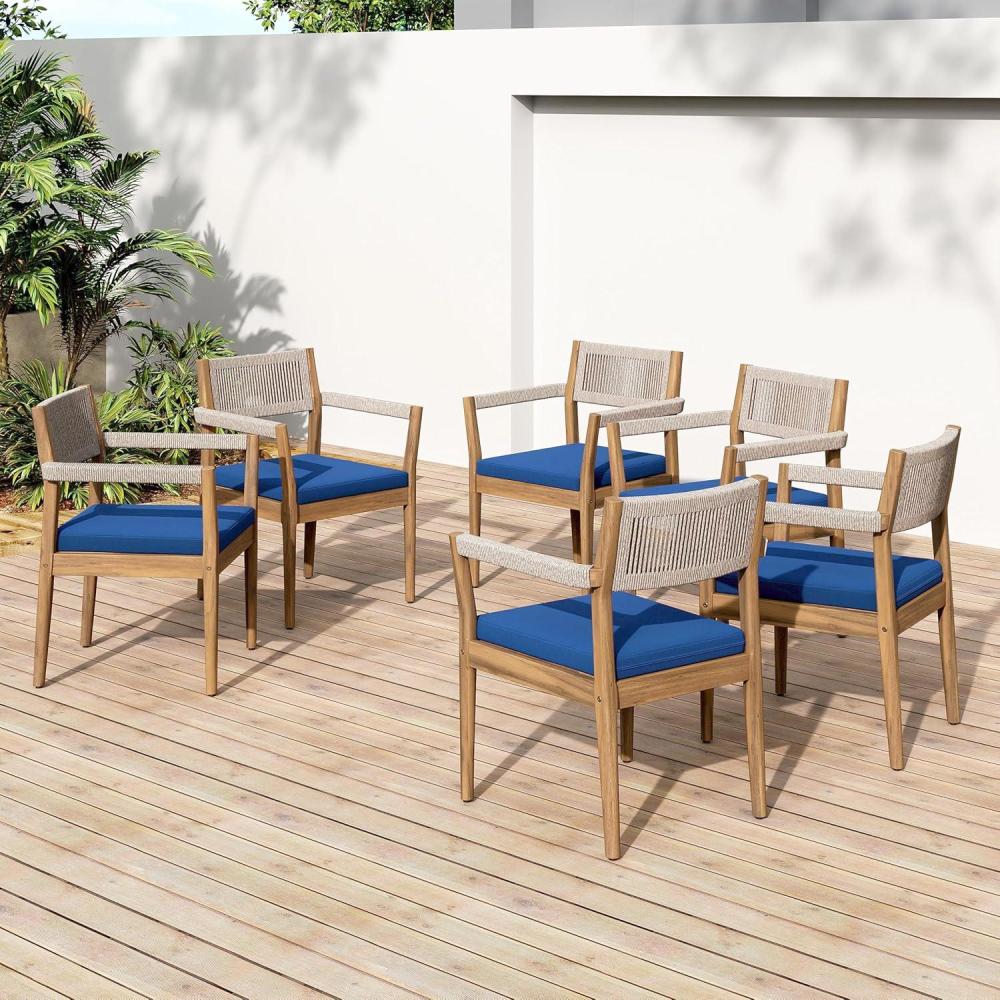 image:imageChristopher Knight Home Caitlyn Acacia Wood Outdoor Dining Chairs Set of 6 Patio Chairs with WeatherResistant Cushions Garden Extra Seating with Handwoven Rope Accent Cream  Teak  BeigeBlue Navyteakbeige