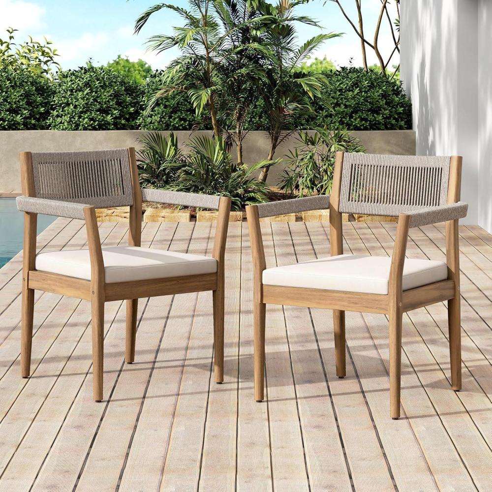image:imageChristopher Knight Home Marston Acacia Wood Outdoor Dining Chairs Set of 2 with Cushion Wooden Patio Dining Chair Set with Cushion Patio Garden Accent Armchair with Braided Backrest TeakBeigeTeakbeige
