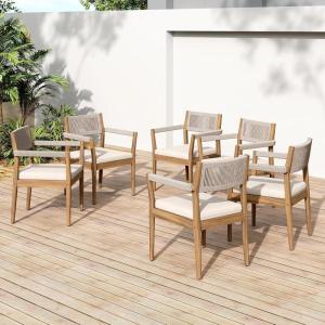 Christopher Knight Home Caitlyn Acacia Wood Outdoor Dining Chairs Set of 6, Patio Chairs with Weather-Resistant Cushions, Garden Extra Seating with Handwoven Rope Accent, Cream + Teak + Beige(Cream+teak+beige)