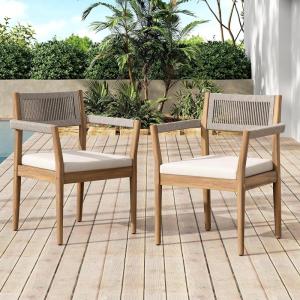 Christopher Knight Home Marston Acacia Wood Outdoor Dining Chairs Set of 2 with Cushion, Wooden Patio Dining Chair Set with Cushion, Patio Garden Accent Armchair with Braided Backrest, Teak+Beige(Teak+beige)