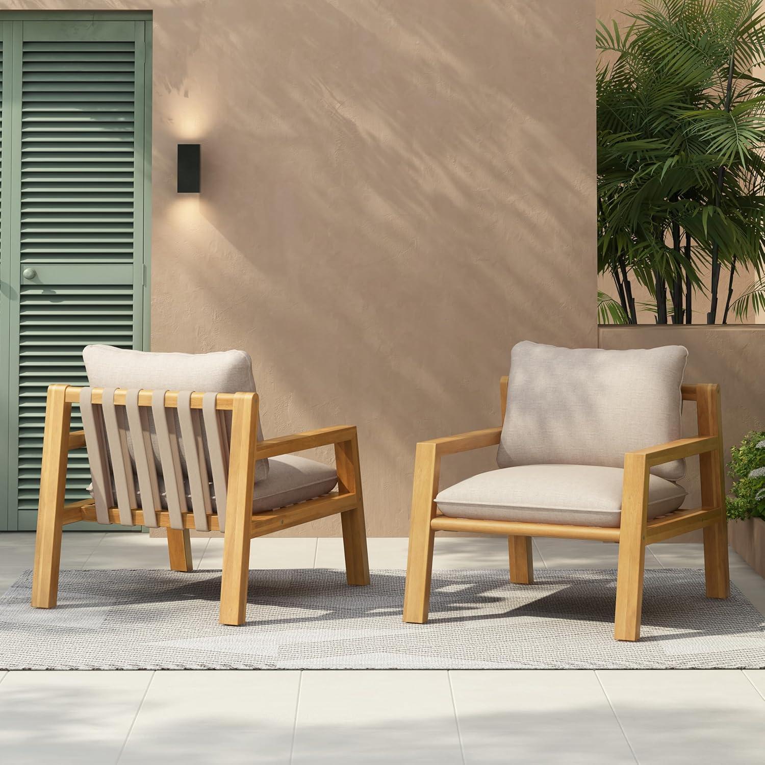 image:imageChristopher Knight Home Lita Set of 2 Patio Acacia Wood Club Chair with Cushions Comfy Lounge Chair Outdoor Stylish Garden Seating Rope Weaving Back Ideal for Porch Backyard Beige Light Teak