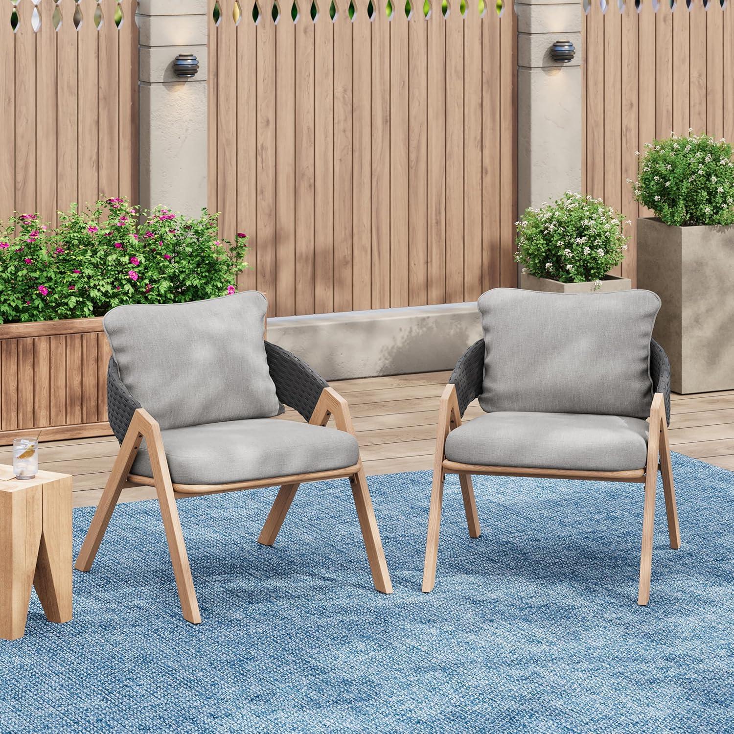image:imageChristopher Knight Home Lucia Metal Lounge Chair Outdoor Set of 2 Woven Rattan Patio Accent Chair with Curved Backrest Patio Furniture Single Sofa Chair with Removable Cushion TeakWhiteGreyteak