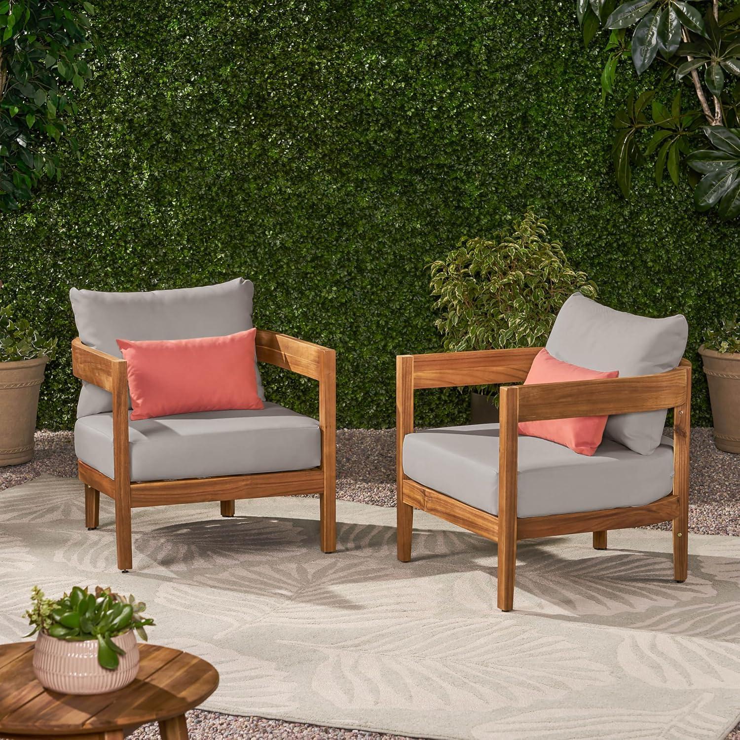 image:imageChristopher Knight Home Nadine Acacia Wood Club Chairs Set of 2 Outdoor Accent Chair Tub Shape Design Armchair Comfort Cushion Seating Slat Open Back Reading Sofa for Balcony Garden TeakGray
