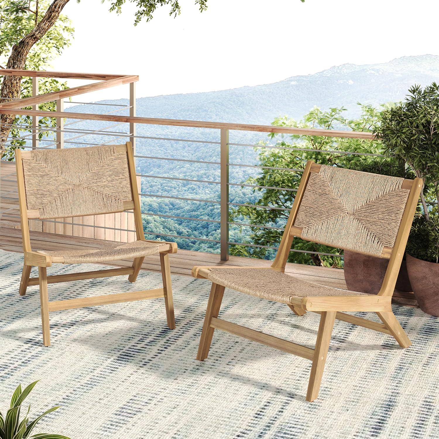 image:imageChristopher Knight Home Oner Lounge Chair Outdoor Set of 2 Sturdy Acacia Wood Armless Chair Weather Resistant Outdoor Furniture GardenPoolside Extra Seat with Natural PE Wicker Light TeakLight Teak