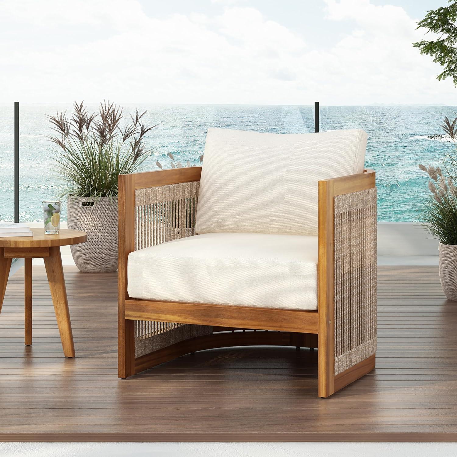 image:imageChristopher Knight Home Yunara Patio Club Chair with Cushions Acacia Wood Lounge Chair Outdoor Woven Accents Curved Design Side Chair for Balcony Backyard Garden Poolside 1pcs Beige TeakBeige Teak