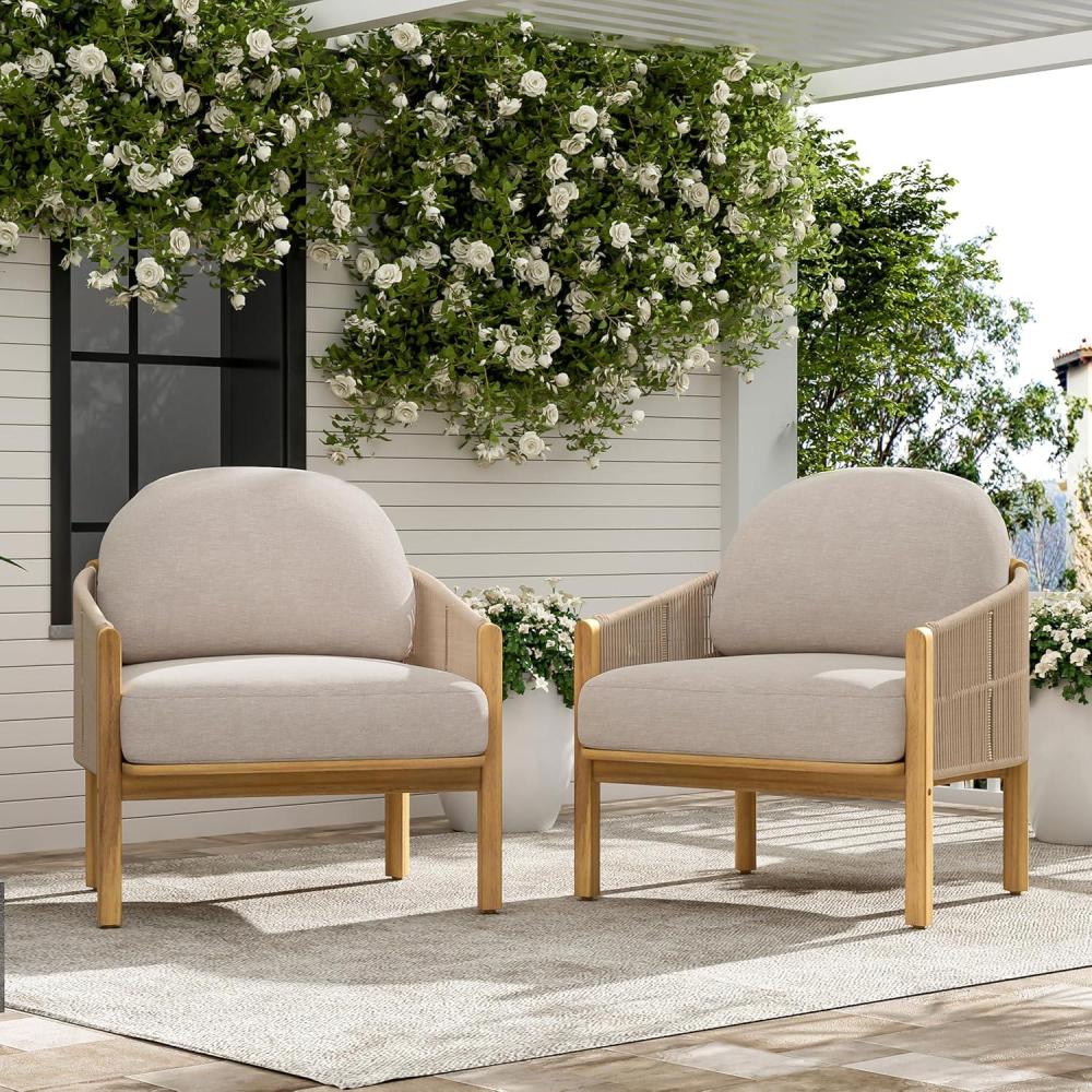 image:imageChristopher Knight Home Grotta Acacia Wood Patio Accent Chair Set of 2 Wooden Lounge Chair Outdoor Outdoor Barrel Chair with Rope WeaveRemovable Cushion Curved Backrest Lounge Sofa GrayTeakBeigeteak