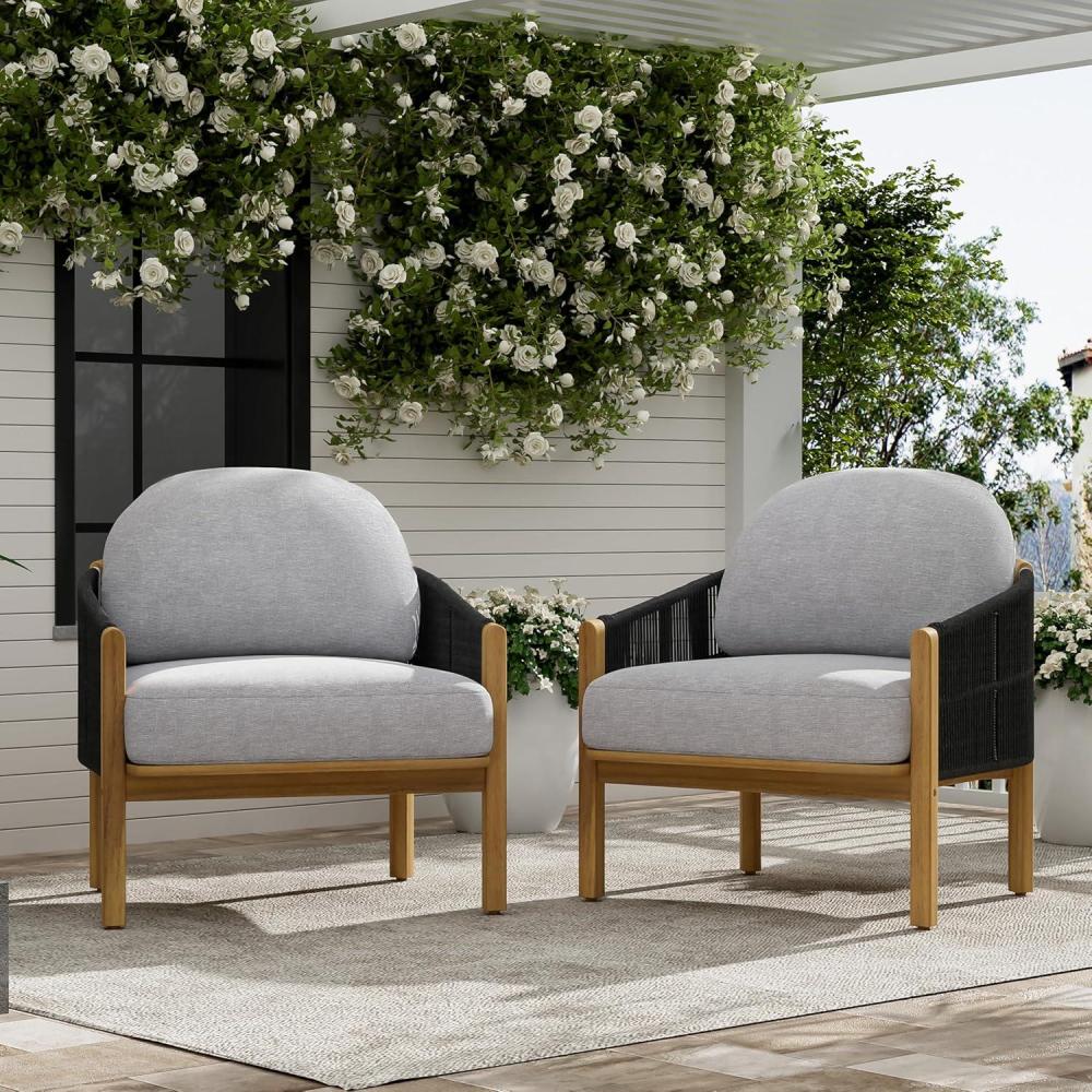 image:imageChristopher Knight Home Grotta Acacia Wood Patio Accent Chair Set of 2 Wooden Lounge Chair Outdoor Outdoor Barrel Chair with Rope WeaveRemovable Cushion Curved Backrest Lounge Sofa GrayTeakGrayteak