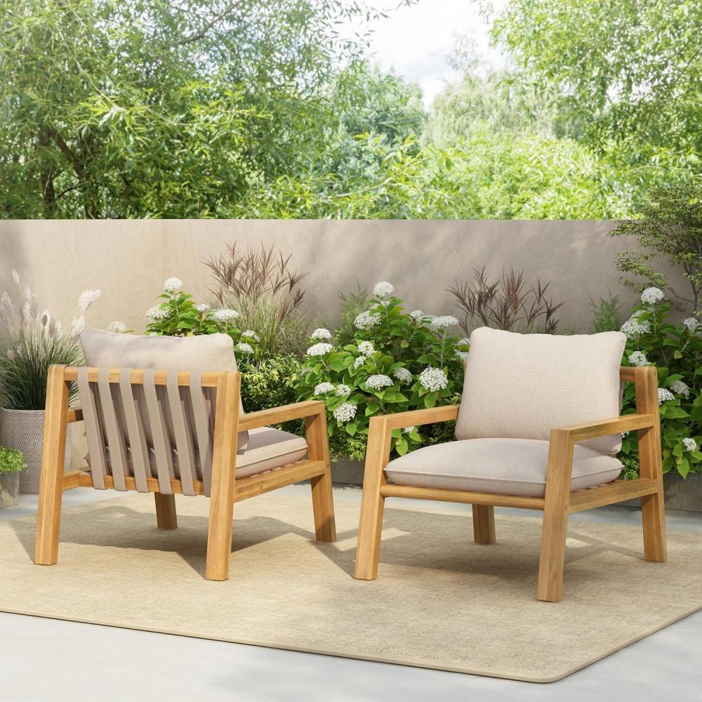 image:imageChristopher Knight Home Lita Set of 2 Patio Acacia Wood Club Chair with Cushions Comfy Lounge Chair Outdoor Stylish Garden Seating Rope Weaving Back Ideal for Porch Backyard Beige Light Teak
