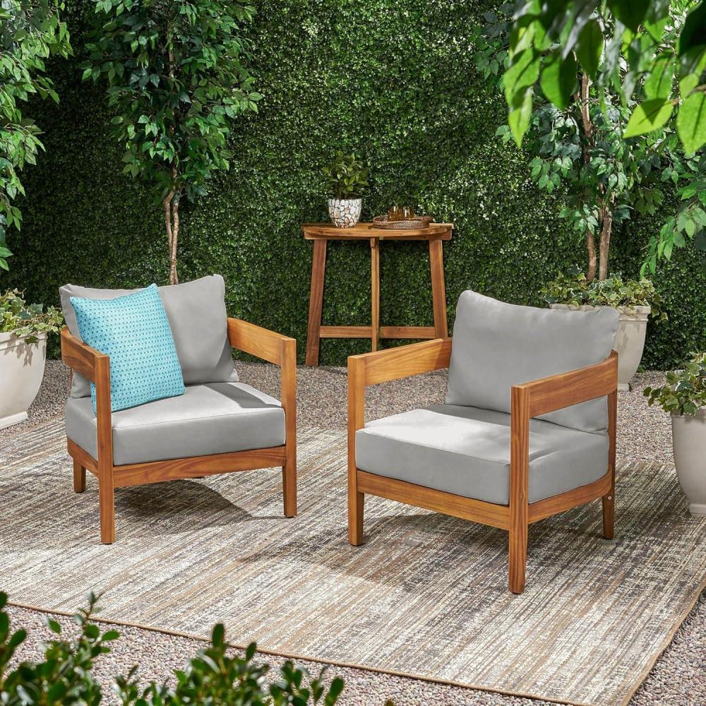 image:imageChristopher Knight Home Nadine Acacia Wood Club Chairs Set of 2 Outdoor Accent Chair Tub Shape Design Armchair Comfort Cushion Seating Slat Open Back Reading Sofa for Balcony Garden TeakGray