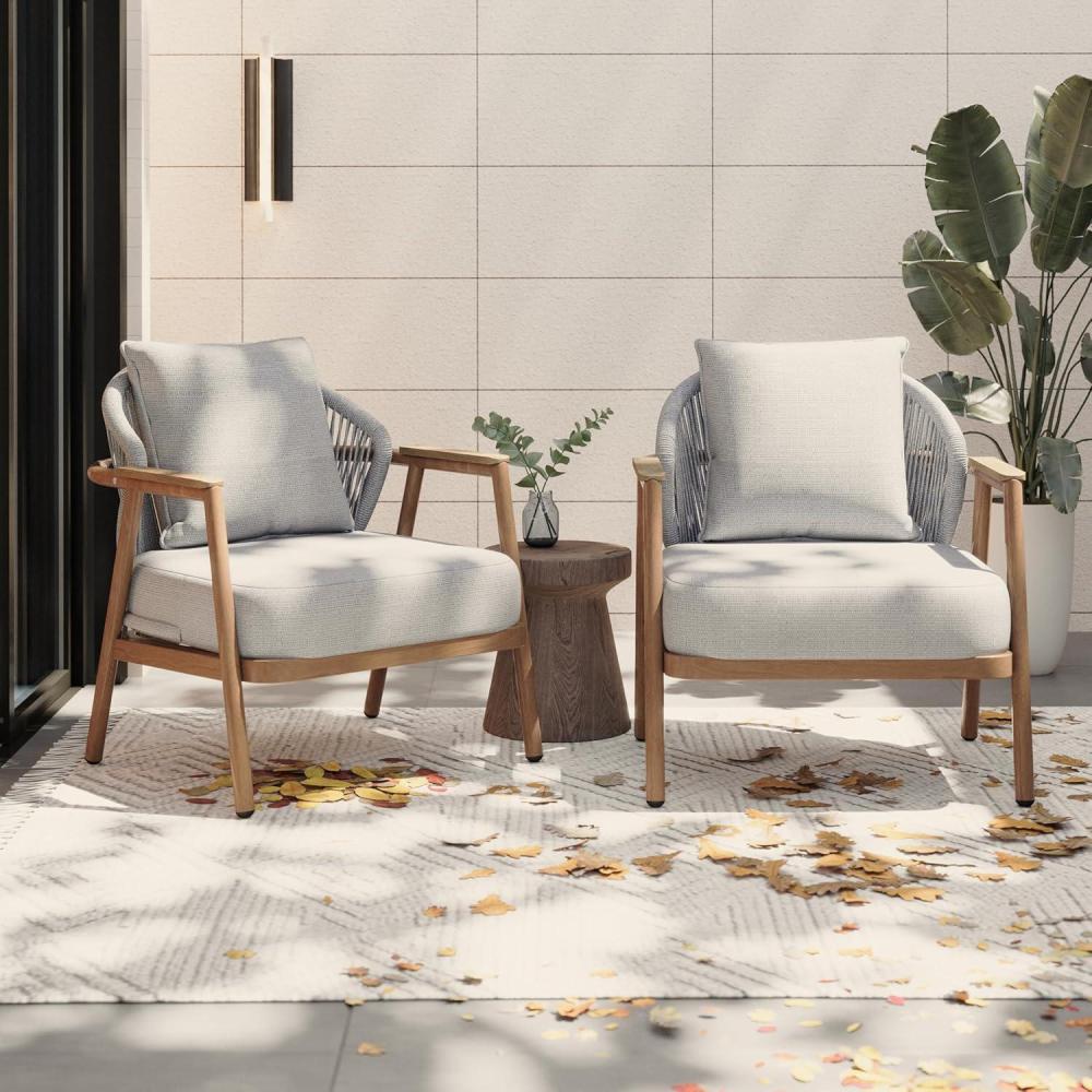 image:imageChristopher Knight Home Vine Iron Patio Club Chair Set of 2 Outdoor Accent Chair with Cushions Wooden Patio Armchair Ergonomic Comfy Reading Chair for Balcony Backyard Garden Dark GreyGreyTeak Finish