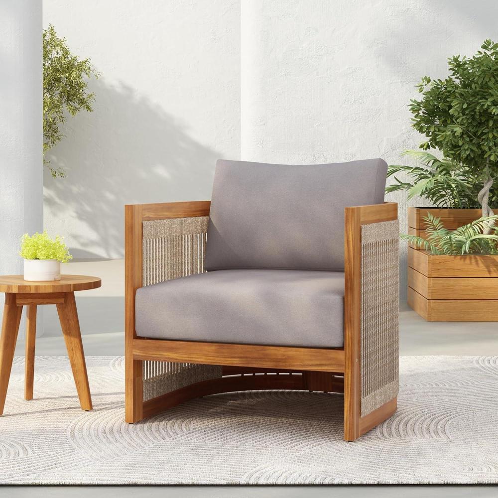 image:imageChristopher Knight Home Yunara Patio Club Chair with Cushions Acacia Wood Lounge Chair Outdoor Woven Accents Curved Design Side Chair for Balcony Backyard Garden Poolside 1pcs Beige TeakGrey Teak