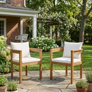 Christopher Knight Home Abact Outdoor Acacia Wood Dining Chair Set of 2, Curved Patio Armchair with Cushions, Backyard Dining Chairs, Modern Lounge Seating for Garden Porch Balcony, Teak+Beige