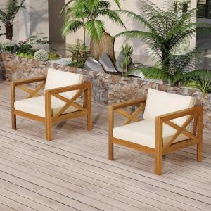 Christopher Knight Home Byrd Acacia Wood Outdoor Club Chair Set of 2 with Removable Cushion, Wooden Patio Accent Chair Set with Cushion, Poolside Garden Patio Furniture Set Armchair, Teak+Dark Grey(Teak+beige)