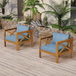 Christopher Knight Home Byrd Acacia Wood Outdoor Club Chair Set of 2 with Removable Cushion, Wooden Patio Accent Chair Set with Cushion, Poolside Garden Patio Furniture Set Armchair, Teak+Dark Grey(Teak+blue)