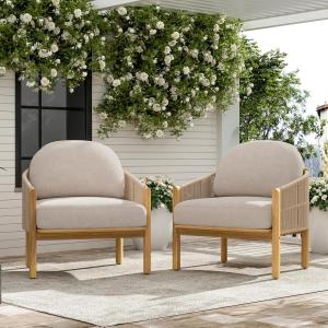 Christopher Knight Home Grotta Acacia Wood Patio Accent Chair Set of 2, Wooden Lounge Chair Outdoor, Outdoor Barrel Chair with Rope Weave+Removable Cushion, Curved Backrest Lounge Sofa, Gray+Teak(Beige+teak)