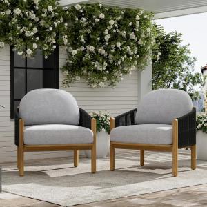 Christopher Knight Home Grotta Acacia Wood Patio Accent Chair Set of 2, Wooden Lounge Chair Outdoor, Outdoor Barrel Chair with Rope Weave+Removable Cushion, Curved Backrest Lounge Sofa, Gray+Teak(Gray+teak)