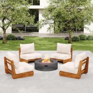 Christopher Knight Home Hana Set of 4 Outdoor Club Chair with Water Resistant, Acacia Wood Lounge Chair Outdoor, Patio Low Profile Accent Chairs, Comfy Reading Chairs for Garden Backyard, Teak + Beige(Teak + Beige)