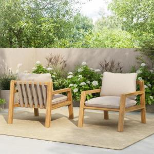 Christopher Knight Home Lita Set of 2 Patio Acacia Wood Club Chair with Cushions, Comfy Lounge Chair Outdoor, Stylish Garden Seating, Rope Weaving Back, Ideal for Porch, Backyard, Beige + Light Teak