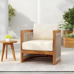 Christopher Knight Home Yunara Patio Club Chair with Cushions, Acacia Wood Lounge Chair Outdoor, Woven Accents, Curved Design Side Chair for Balcony Backyard Garden Poolside, 1pcs, Beige + Teak(Beige + Teak)