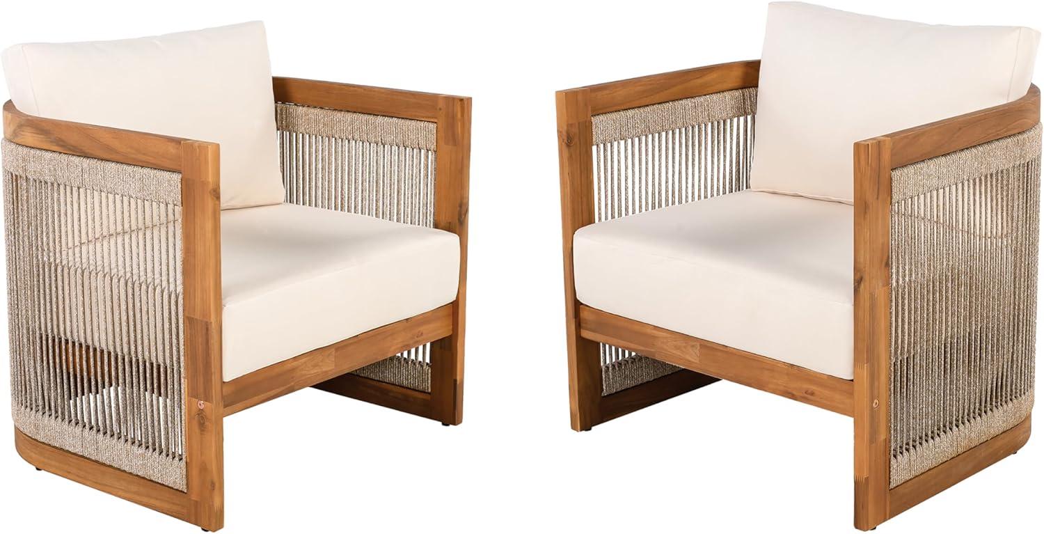 image:imageChristopher Knight Home Dora Set of 2 Patio Club Chair with Cushions Acacia Wood Lounge Chair Outdoor Woven Accents Curved Design Side Chair for Balcony Backyard Garden Poolside Grey TeakBeige Teak