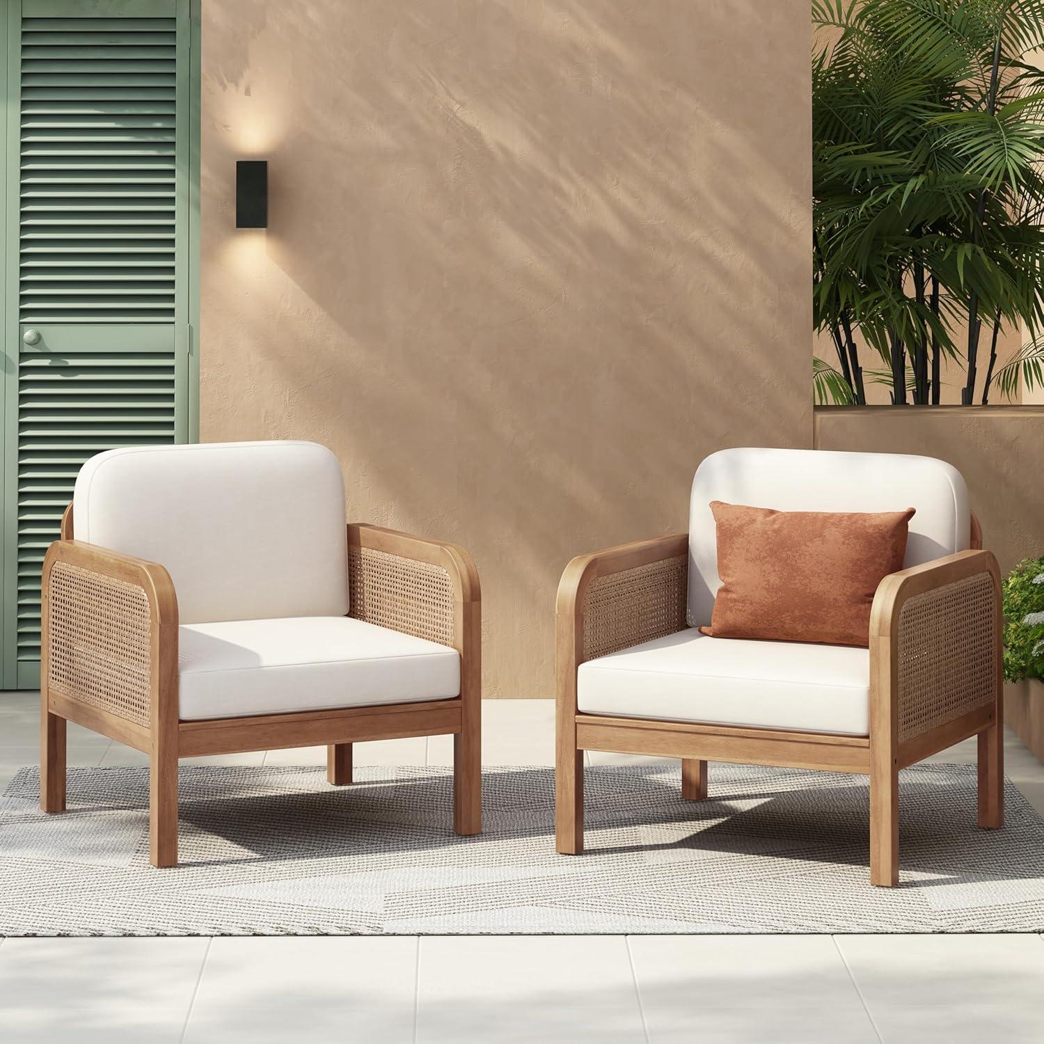 image:imageChristopher Knight Home Elk Set of 2 Patio Acacia Wood Club Chair with Cushions Comfy Lounge Chair Outdoor Stylish Garden Seating Wicker Armchair for Porch Backyard Balcony Light Brown amp Beige