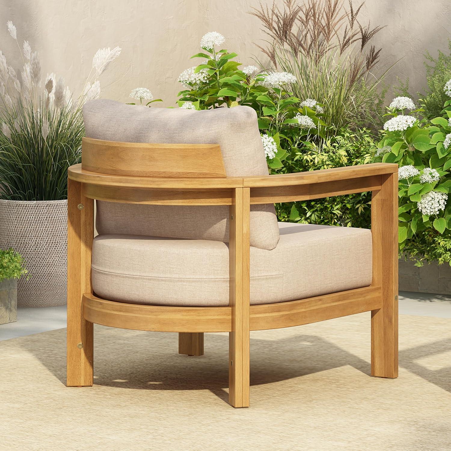 image:imageChristopher Knight Home Lucky Patio Acacia Wood Club Chair with Cushions Comfy Lounge Chair Outdoor Stylish Garden Seating SemiCircular Back Armchair for Porch Backyard Beige Light Teak