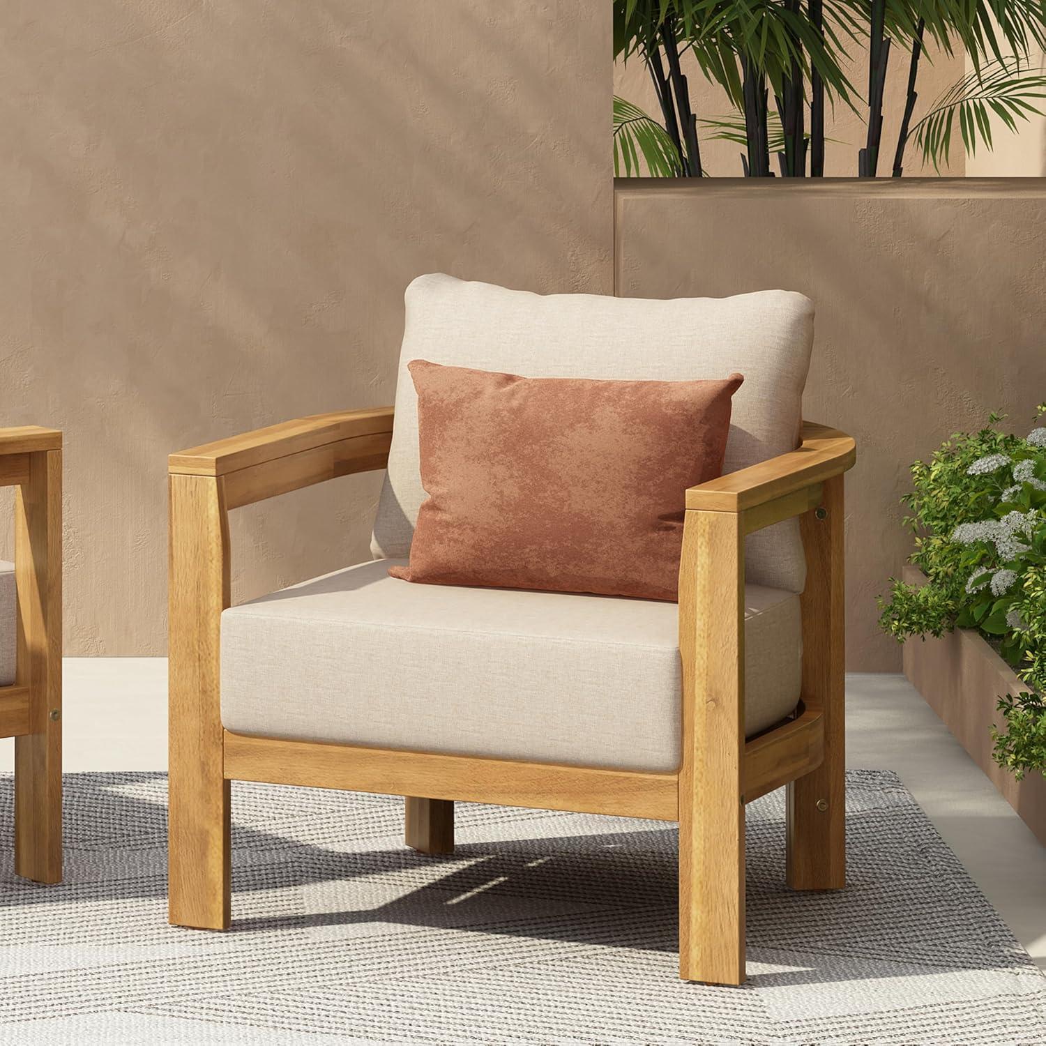 image:imageChristopher Knight Home Lucky Patio Acacia Wood Club Chair with Cushions Comfy Lounge Chair Outdoor Stylish Garden Seating SemiCircular Back Armchair for Porch Backyard Beige Light Teak