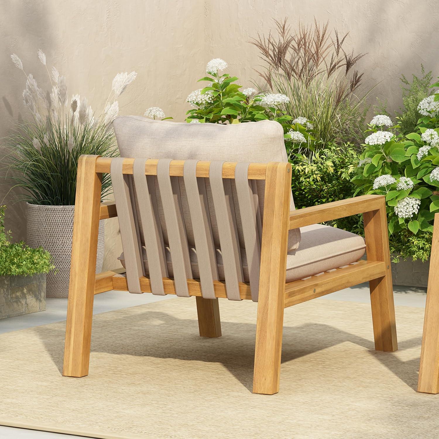 image:imageChristopher Knight Home Nancy Patio Acacia Wood Club Chair with Cushions Comfy Lounge Chair Outdoor Stylish Garden Seating Rope Weaving Back Ideal for Porch Backyard Beige Light Teak