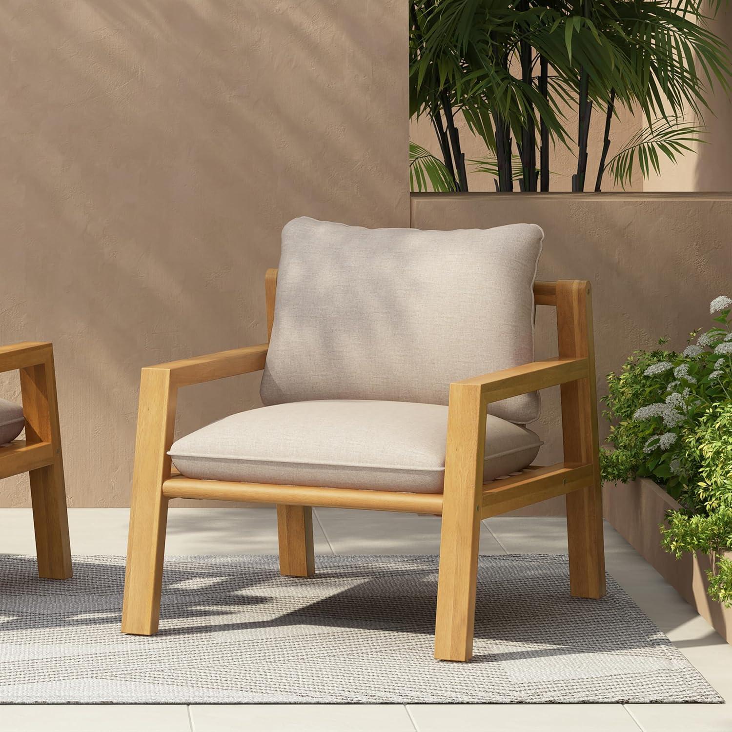 image:imageChristopher Knight Home Nancy Patio Acacia Wood Club Chair with Cushions Comfy Lounge Chair Outdoor Stylish Garden Seating Rope Weaving Back Ideal for Porch Backyard Beige Light Teak