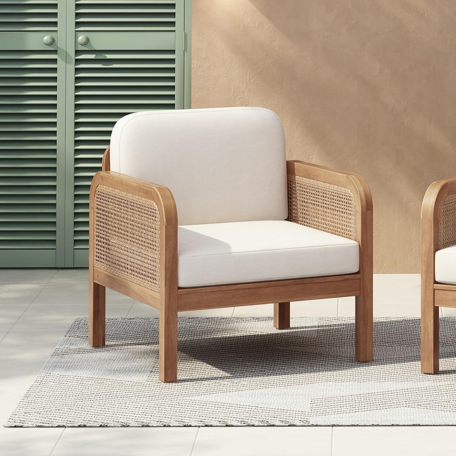 image:imageChristopher Knight Home Peter Patio Acacia Wood Club Chair with Cushions Comfy Lounge Chair Outdoor Stylish Garden Seating Wicker Armchair for Porch Backyard Balcony Light Brown amp Beige