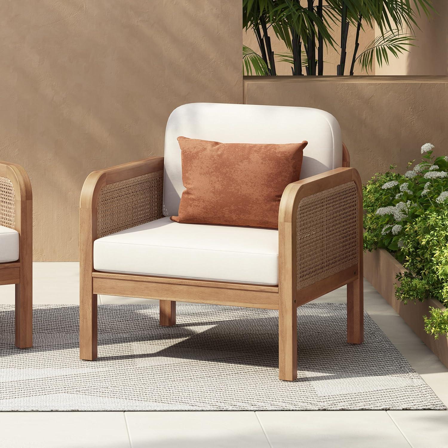 image:imageChristopher Knight Home Peter Patio Acacia Wood Club Chair with Cushions Comfy Lounge Chair Outdoor Stylish Garden Seating Wicker Armchair for Porch Backyard Balcony Light Brown amp Beige