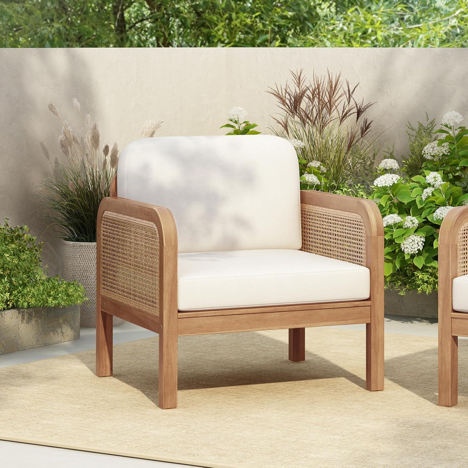 image:imageChristopher Knight Home Peter Patio Acacia Wood Club Chair with Cushions Comfy Lounge Chair Outdoor Stylish Garden Seating Wicker Armchair for Porch Backyard Balcony Light Brown amp Beige