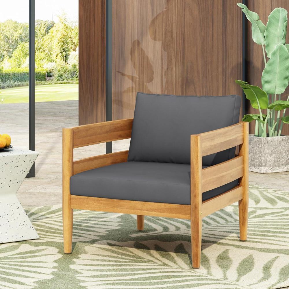 image:imageChristopher Knight Home Ahri Acacia Wood Outdoor Chair Patio Lounge Chair with Slatted Back Accent Chair with Cushions Stylish Outdoor Furniture for BalconyGarden Beige Light TeakDark Gray Teak