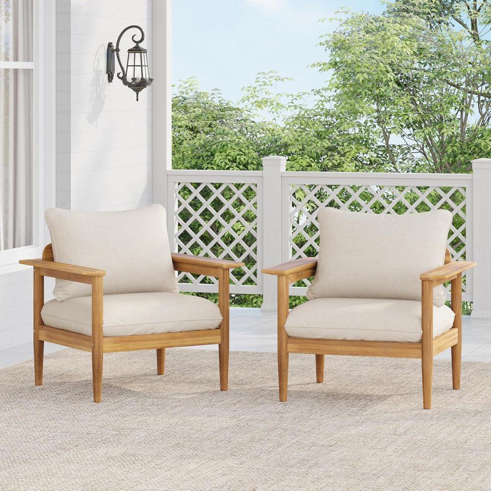 image:imageChristopher Knight Home Dessa Acacia Wood Accent Chairs Set of 2 Outdoor Club Chairs with Cushions Slat Panel Support Armchair Comfort Lounge Chair for Balcony Backyard Garden TeakBeige