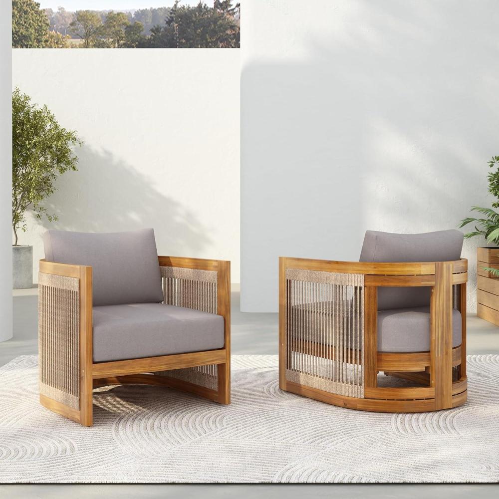 image:imageChristopher Knight Home Dora Set of 2 Patio Club Chair with Cushions Acacia Wood Lounge Chair Outdoor Woven Accents Curved Design Side Chair for Balcony Backyard Garden Poolside Grey TeakGrey Teak