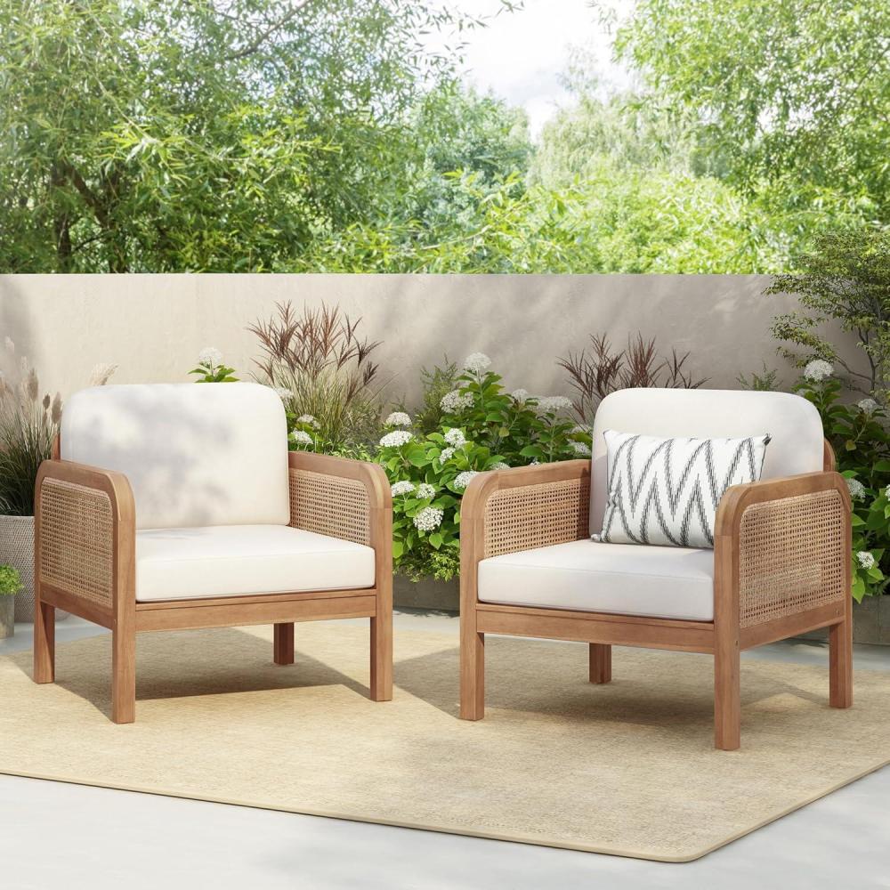 image:imageChristopher Knight Home Elk Set of 2 Patio Acacia Wood Club Chair with Cushions Comfy Lounge Chair Outdoor Stylish Garden Seating Wicker Armchair for Porch Backyard Balcony Light Brown amp Beige