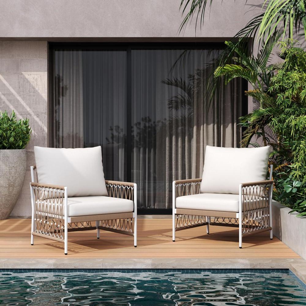 image:imageChristopher Knight Home Evelyn Set of 2 Lounge Chair Outdoor with Handwoven Rope PowderCoated Steel Frame Garden Chair Set Patio Seating with Waterproof Cushions for Garden Balcony Beige Natural