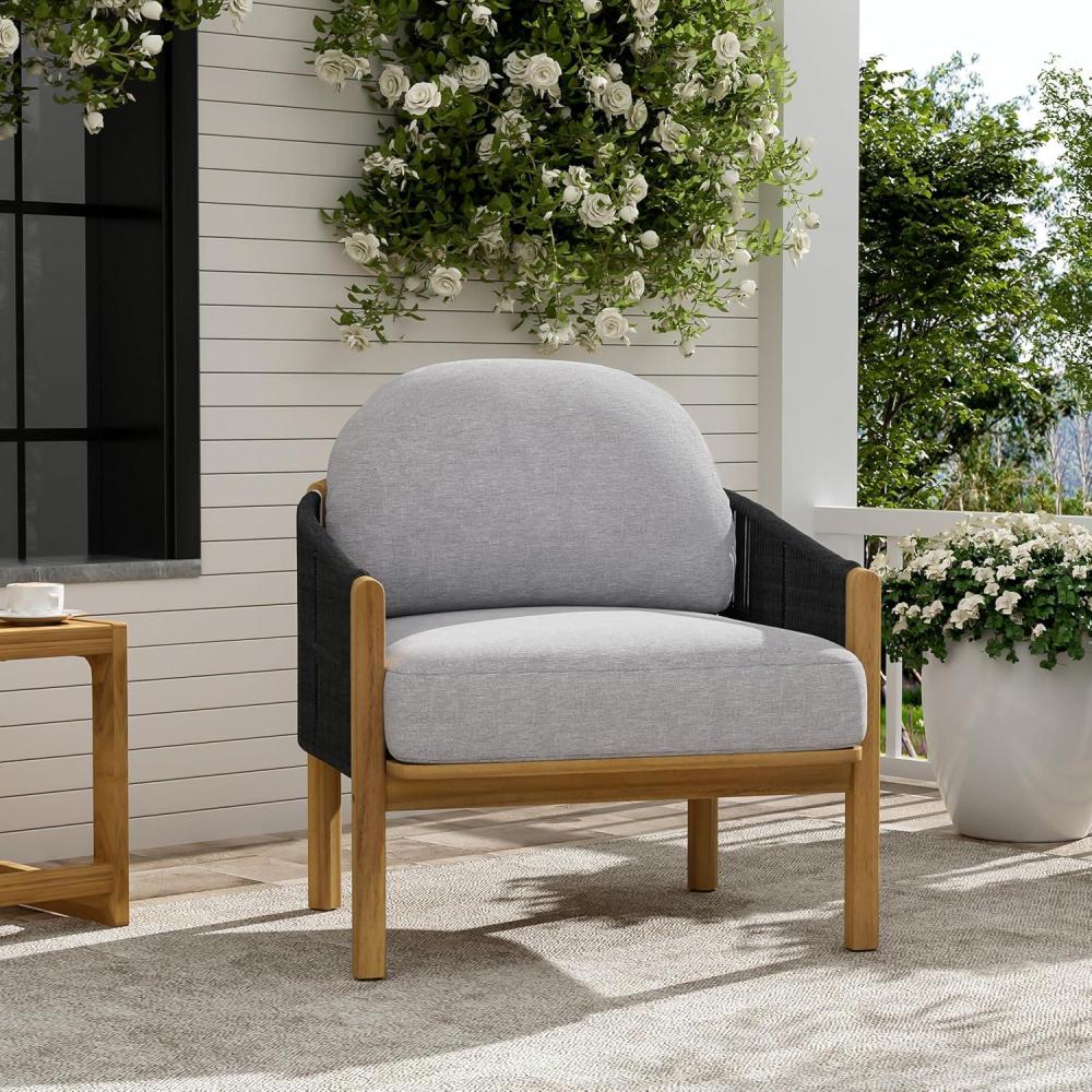 image:imageChristopher Knight Home Grotta Acacia Wood Patio Accent Chair Wooden Lounge Chair Outdoor Outdoor Barrel Chair with Rope WeaveRemovable Cushion Curved Backrest Single Lounge Sofa BeigeTeakGrayteak