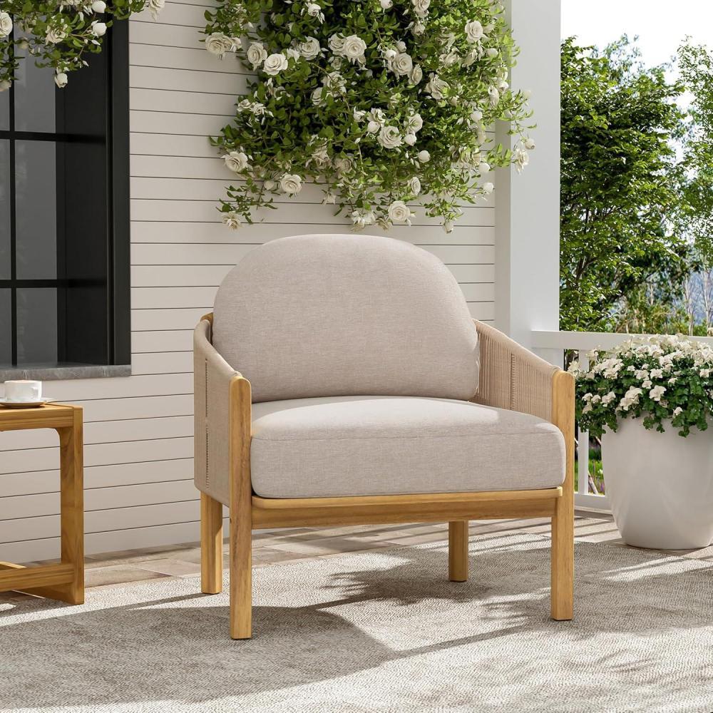 image:imageChristopher Knight Home Grotta Acacia Wood Patio Accent Chair Wooden Lounge Chair Outdoor Outdoor Barrel Chair with Rope WeaveRemovable Cushion Curved Backrest Single Lounge Sofa BeigeTeakBeigeteak
