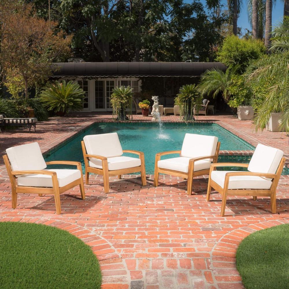 image:imageChristopher Knight Home Heidi Outdoor Club Chairs with Cushions Acacia Wood Patio Accent Armchair Set Wooden Lounge Chair Comfy Patio Seating for Garden Backyard Set of 4 Teak Finish BeigeTeak Finish Beige