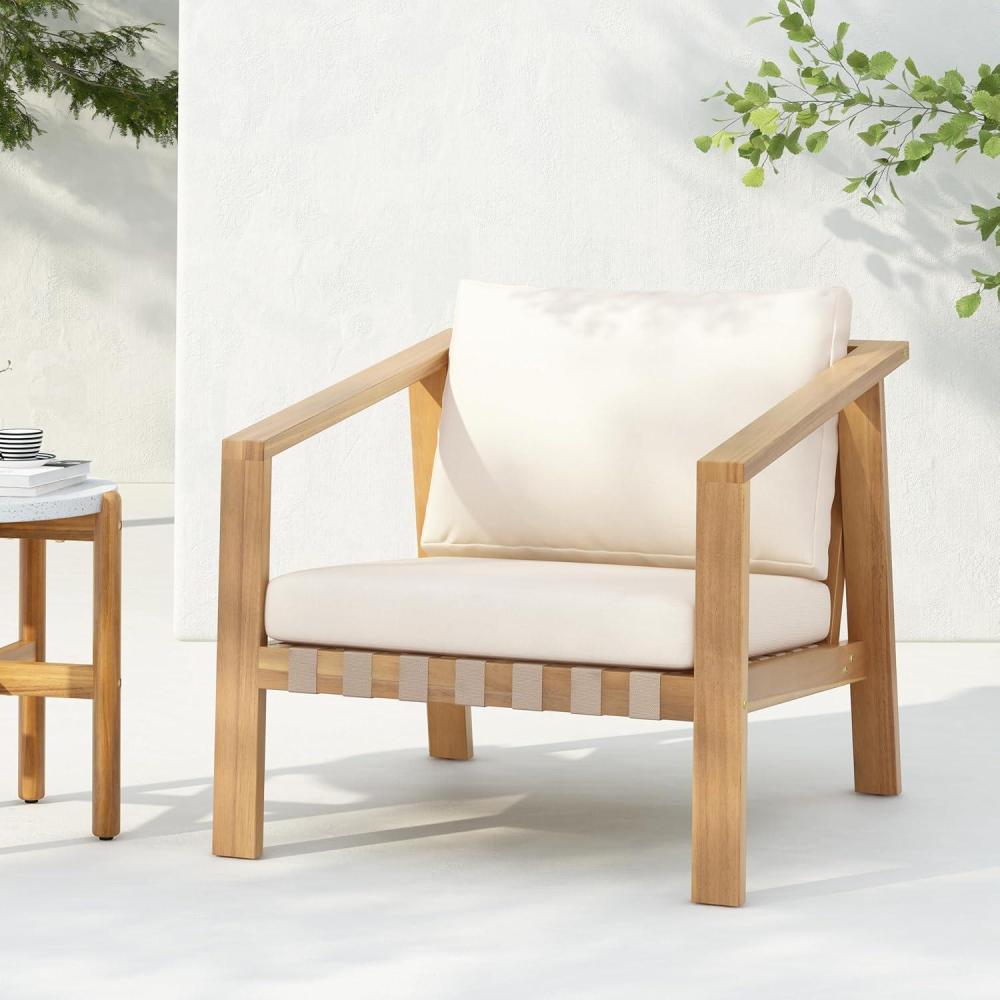 image:imageChristopher Knight Home Irelia Modern Patio Chair Acacia Wood and Rope Club Chair Lounge Chair Outdoor with Waterproof Cushions for BackyardDeckPoolsideGarden Beige Light Teak