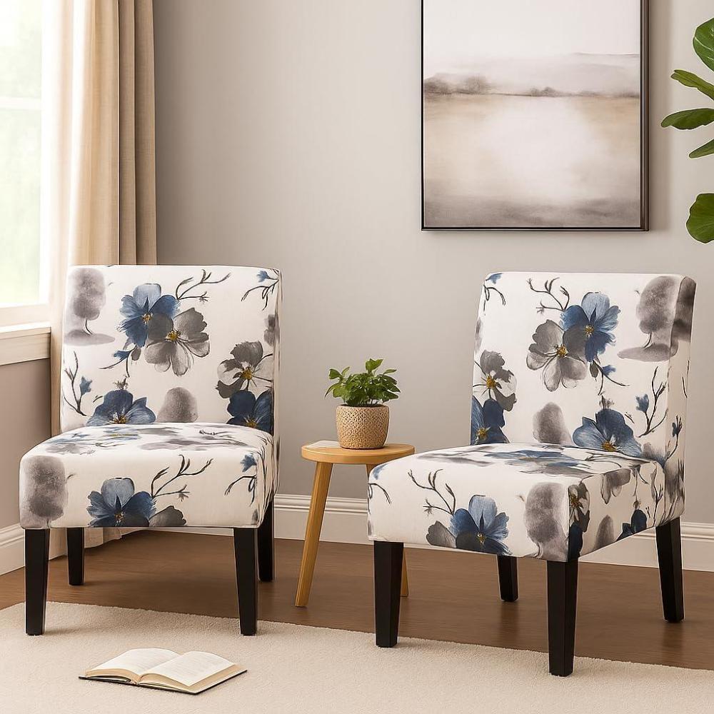 image:imageChristopher Knight Home Kendal Set of 2 Fabric Upholstered Club Chair Floral Print Modern Armless Accent Chair for Living Room Comfy Slipper Chair for Bedroom Home Office BlueWhite
