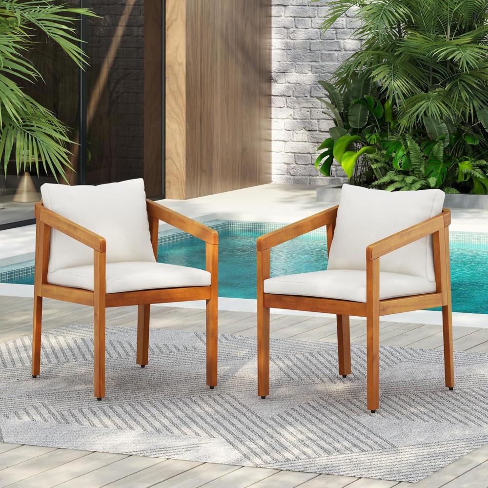 image:imageChristopher Knight Home Lucid Set of 2 Outdoor Dining Chair Acacia Wood Frame Dining Chairs Accent Chair Set with Comfortable Cushions Patio Armchair for Backyard Poolside Garden Natural Beige