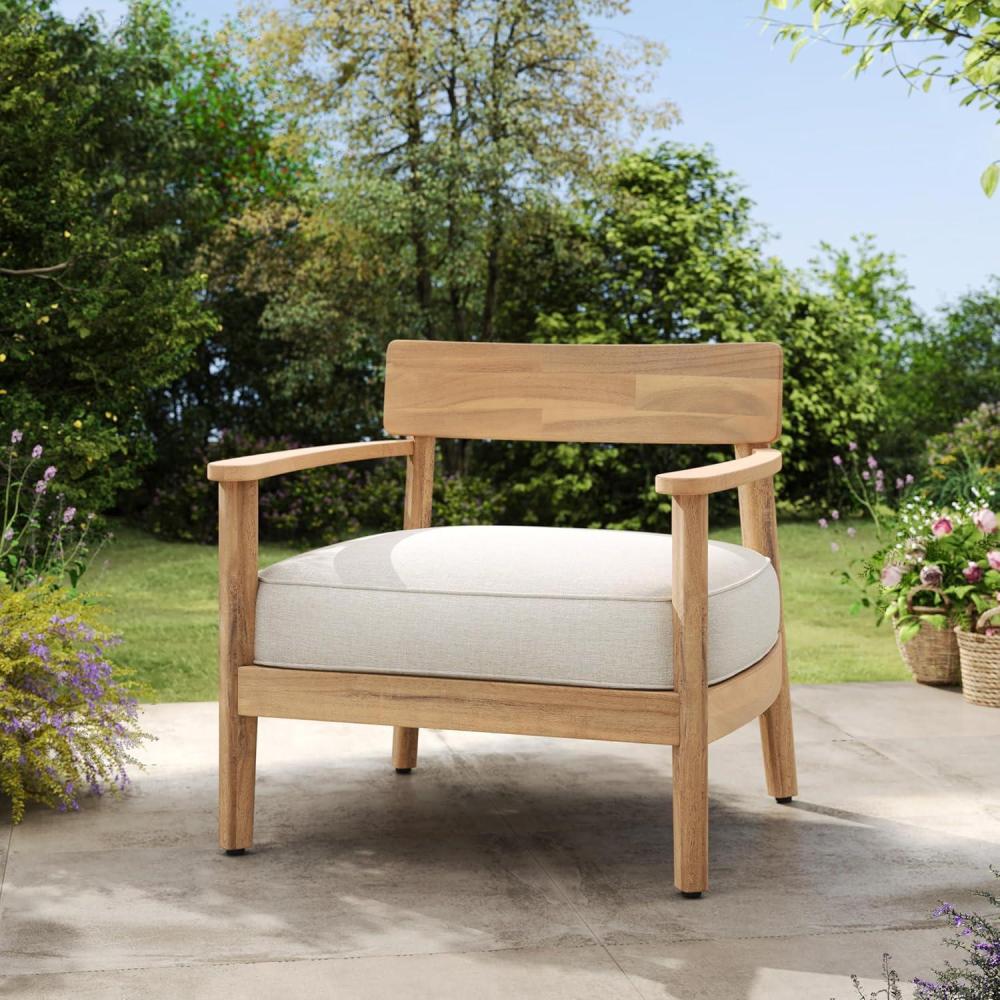 image:imageChristopher Knight Home Manny Acacia Wood Patio Accent Chair Wooden Lounge Chair Outdoor Comfy Reading Chair with Removable Cushion Curved Backrest Lounge Sofa Garden Poolside Seating TeakBeige