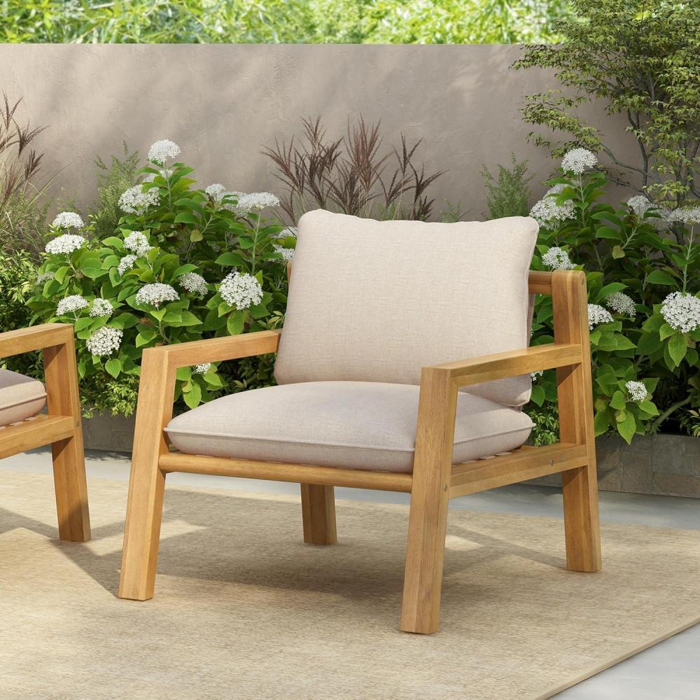 image:imageChristopher Knight Home Nancy Patio Acacia Wood Club Chair with Cushions Comfy Lounge Chair Outdoor Stylish Garden Seating Rope Weaving Back Ideal for Porch Backyard Beige Light Teak