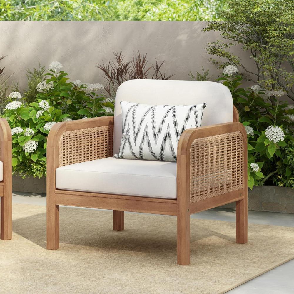 image:imageChristopher Knight Home Peter Patio Acacia Wood Club Chair with Cushions Comfy Lounge Chair Outdoor Stylish Garden Seating Wicker Armchair for Porch Backyard Balcony Light Brown amp Beige