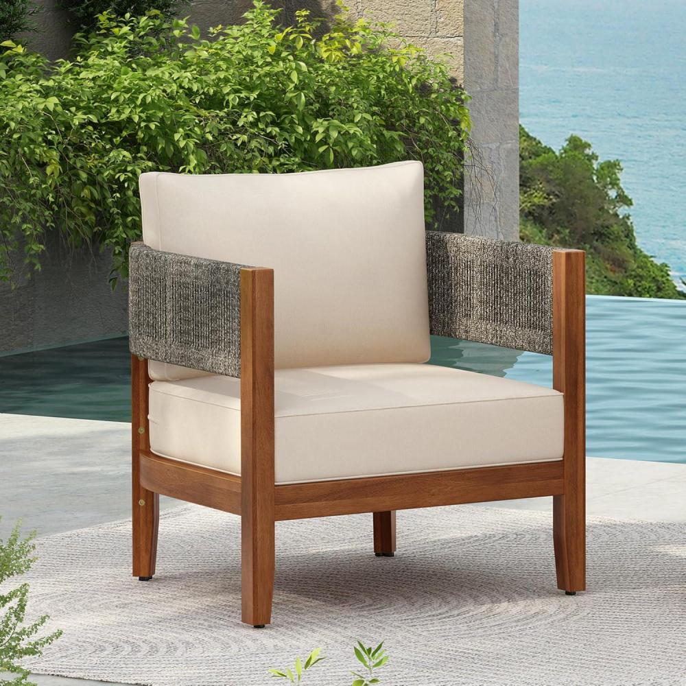 image:imageChristopher Knight Home Rekker Acacia Wood Outdoor Club Chair Patio Accent Chair with Removable Cushion Patio Furniture Set Comfy Reading Chair Wooden Single Lounge Sofa TeakBeige