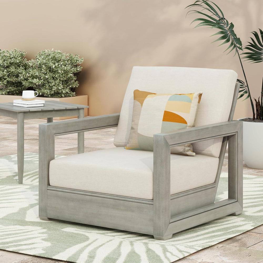 image:imageChristopher Knight Home Shank Patio Club Chair with Removable Cushion Acacia Wood Armchair Outdoor Low Profile Garden Chair Comfy Single Lounge Chair Outdoor for Poolside Beige Light GreyBeige Light Grey