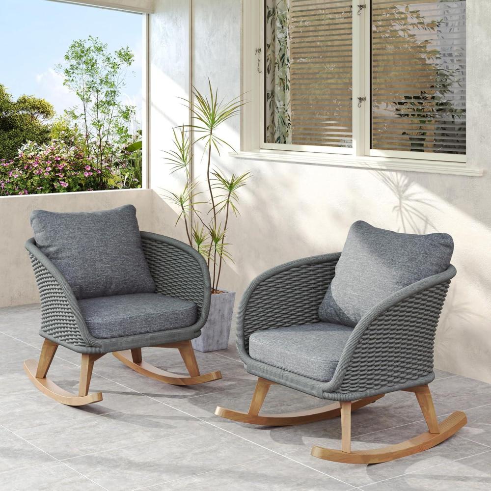 image:imageChristopher Knight Home Siwoo Wooden Frame Outdoor Rocking Chairs Set of 2 Wicker Rocker Chair with Soft Cushions Contemporary Patio Rockers Rocking Chair for IndoorOutdoor Gray NaturalGray Natural